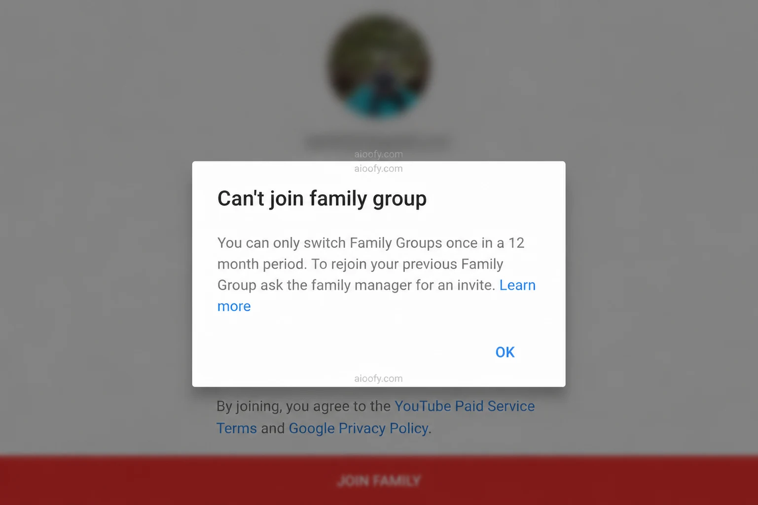 Can't Join Family Group YouTube Premium error message